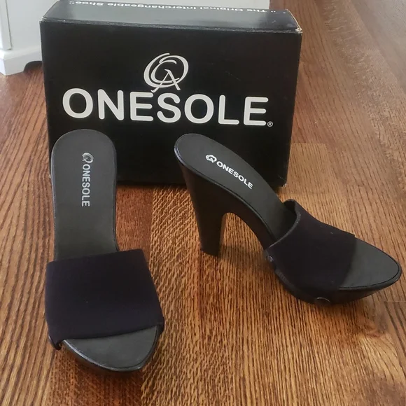 Onesole Elegance Sandals Wedge Sz 8 Black With 2 Tops Interchangeable Swarovski